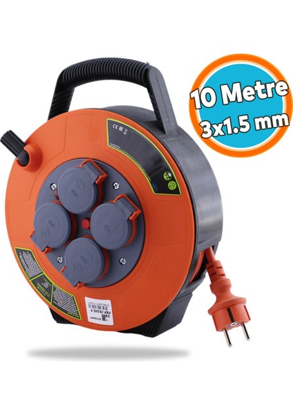 Plastik Kapaklı Mini Seyyar Makaralı 3x1.5 mm Cca Monofaze Uzatma Kablosu 4 Priz Ttr Kablo 10 Metre