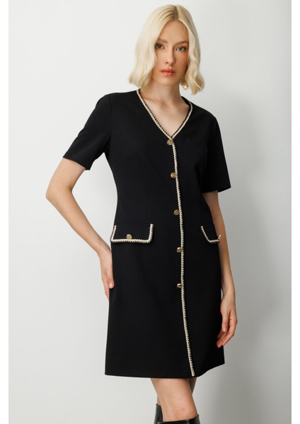 Kadın V Yaka Biyeli Midi Elbise 4021 Siyah modelleri