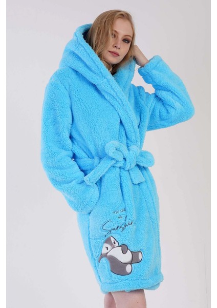 Kadın Turkuaz Renk Welsoft Kumaş Kapüşonlu Cepli Kuşaklı Midi Boy Sabahlık C7T5N0603 fiyatları