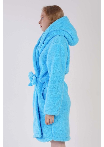 Kadın Turkuaz Renk Welsoft Kumaş Kapüşonlu Cepli Kuşaklı Midi Boy Sabahlık C7T5N0603 modelleri