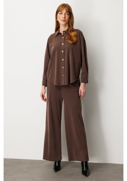 Kadın Beli Lastikli Bol Paça Pantolon 66307 Kahverengi