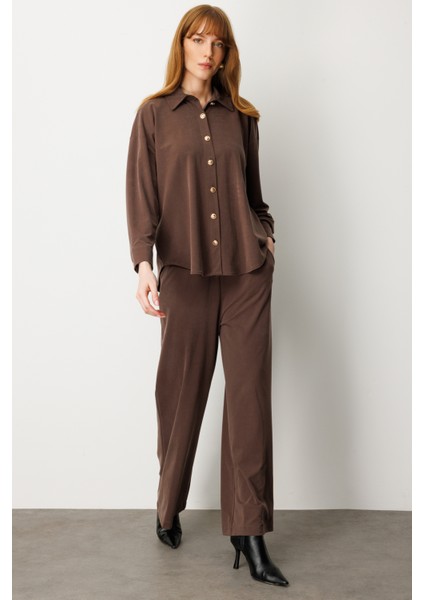 Kadın Beli Lastikli Bol Paça Pantolon 66307 Kahverengi fiyatları