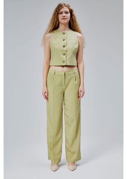 Haki Çizgili Modal Yelek-Pantolon Takım