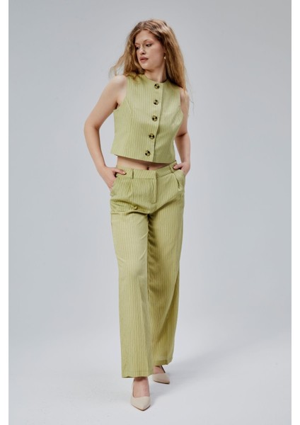 Haki Çizgili Modal Yelek-Pantolon Takım