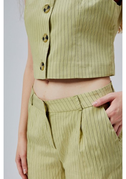 Haki Çizgili Modal Yelek-Pantolon Takım