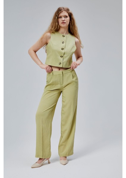 Haki Çizgili Modal Yelek-Pantolon Takım
