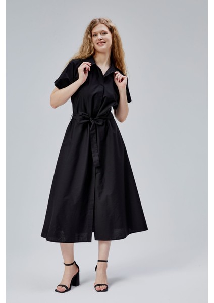 Siyah Boydan Düğmeli Gömlek Yaka Poplin Elbise