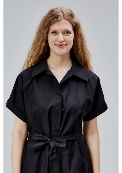 Siyah Boydan Düğmeli Gömlek Yaka Poplin Elbise