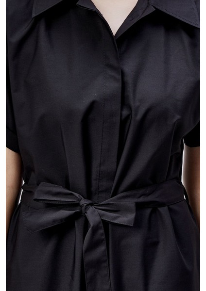 Siyah Boydan Düğmeli Gömlek Yaka Poplin Elbise