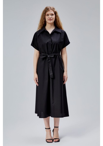 Siyah Boydan Düğmeli Gömlek Yaka Poplin Elbise
