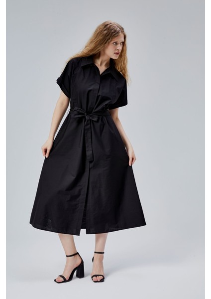 Siyah Boydan Düğmeli Gömlek Yaka Poplin Elbise