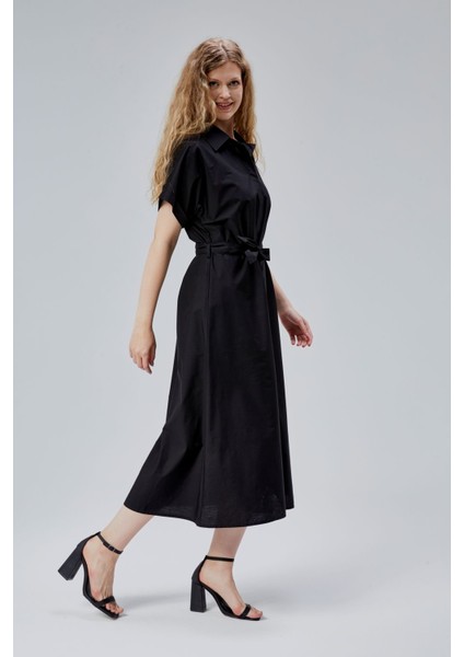 Siyah Boydan Düğmeli Gömlek Yaka Poplin Elbise