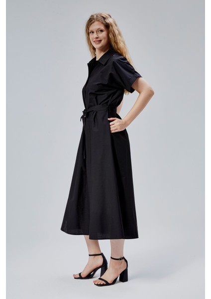 Siyah Boydan Düğmeli Gömlek Yaka Poplin Elbise