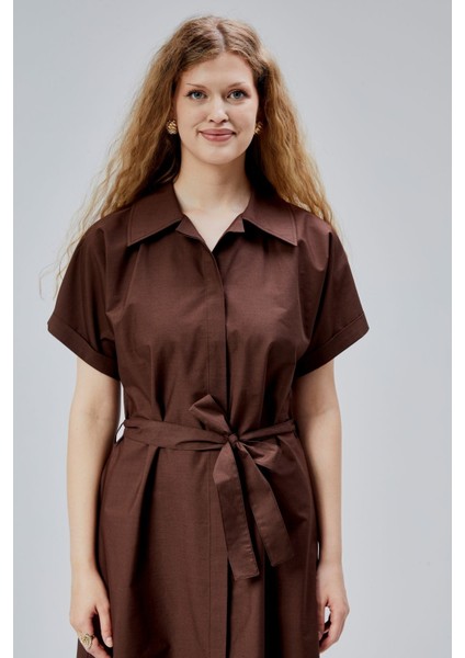 Kahverengi Boydan Düğmeli Gömlek Yaka Poplin Elbise