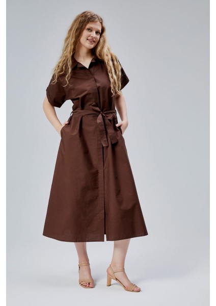 Kahverengi Boydan Düğmeli Gömlek Yaka Poplin Elbise