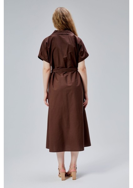 Kahverengi Boydan Düğmeli Gömlek Yaka Poplin Elbise