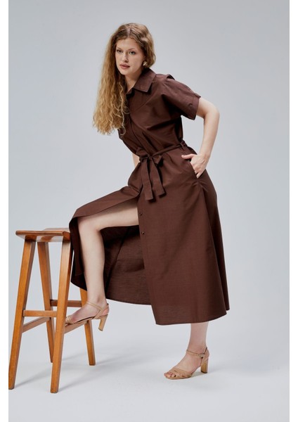 Kahverengi Boydan Düğmeli Gömlek Yaka Poplin Elbise