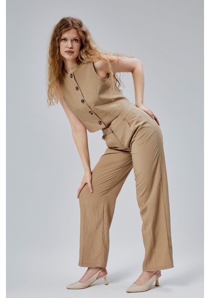 Vizon Çizgili Modal Yelek-Pantolon Takım