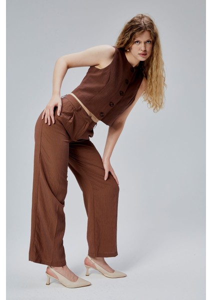 Acı Kahve Çizgili Modal Yelek-Pantolon Takım