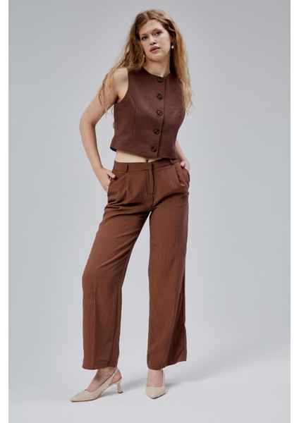 Acı Kahve Çizgili Modal Yelek-Pantolon Takım