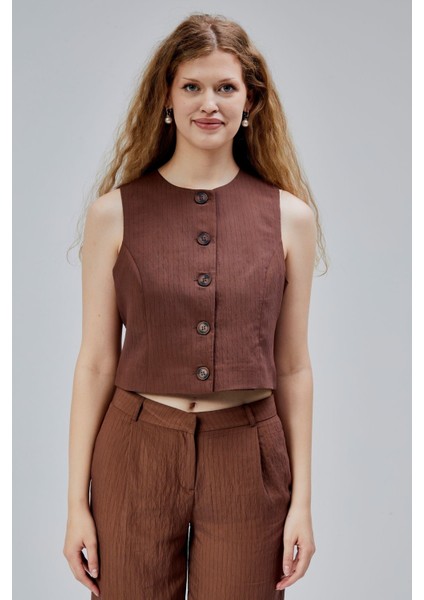 Acı Kahve Çizgili Modal Yelek-Pantolon Takım