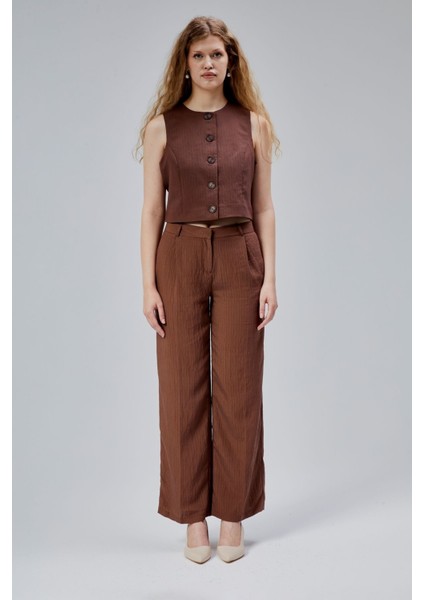 Acı Kahve Çizgili Modal Yelek-Pantolon Takım