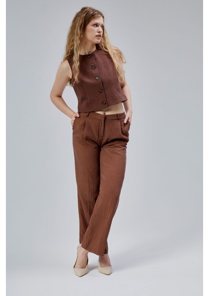Acı Kahve Çizgili Modal Yelek-Pantolon Takım