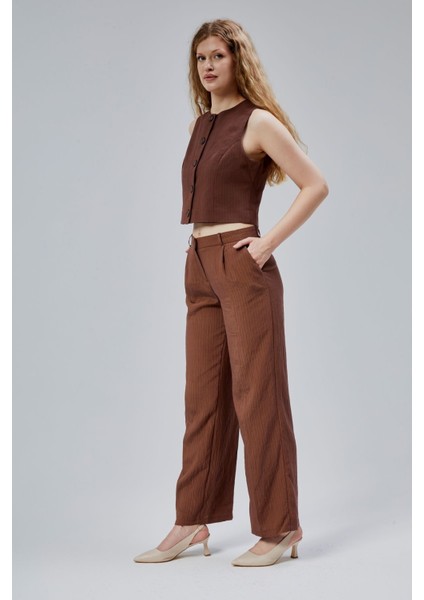 Acı Kahve Çizgili Modal Yelek-Pantolon Takım