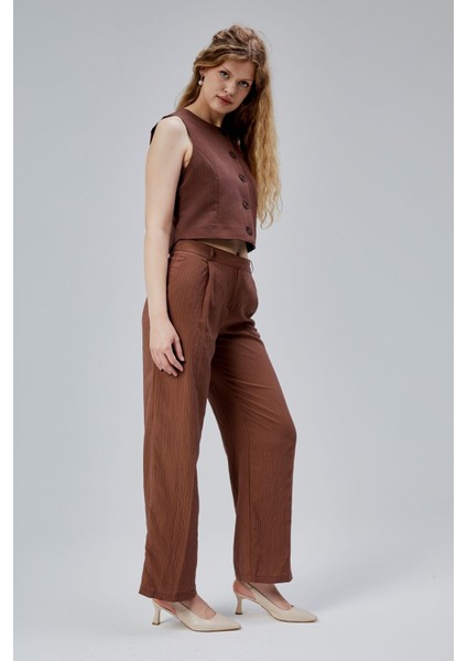 Acı Kahve Çizgili Modal Yelek-Pantolon Takım