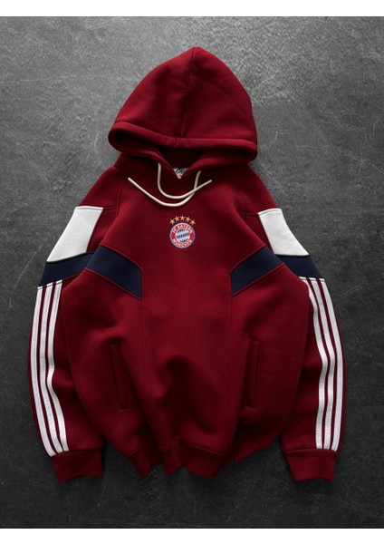 Bayermunih Bordo Kapşonlu Çizgi Kol Detaylı Oversize Trend Sweatshirt