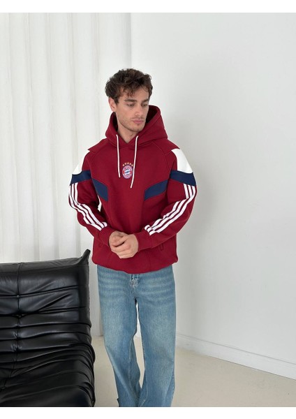 Bayermunih Bordo Kapşonlu Çizgi Kol Detaylı Oversize Trend Sweatshirt fiyatları