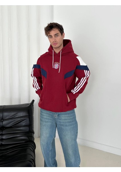 Bayermunih Bordo Kapşonlu Çizgi Kol Detaylı Oversize Trend Sweatshirt modelleri