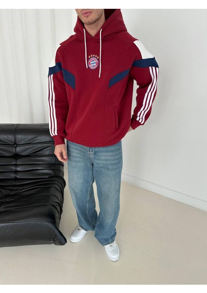 Bayermunih Bordo Kapşonlu Çizgi Kol Detaylı Oversize Trend Sweatshirt fırsatları