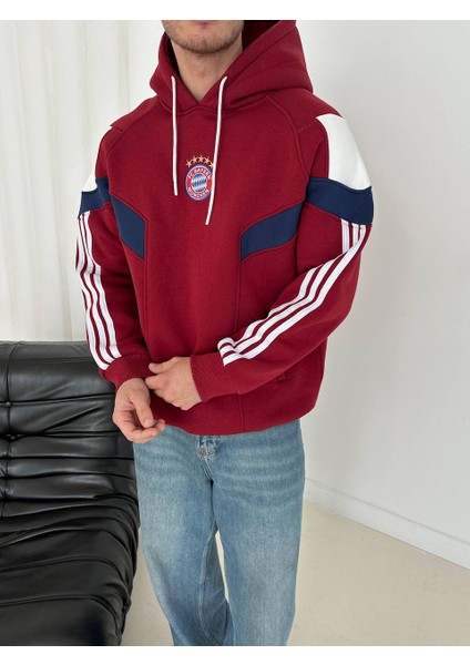 Bayermunih Bordo Kapşonlu Çizgi Kol Detaylı Oversize Trend Sweatshirt indirimleri