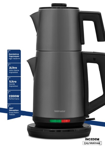 Ince Çelik Çay ve Su Isıtıcı, Antrasit, Damlatmaz, Şık Tasarım, Dayanıklı, Pratik Kullanım