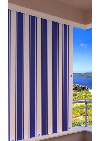 Balkon Perdesi Kuş Gözü Ölçü Seçenekli Mavi Beyaz Çizgili