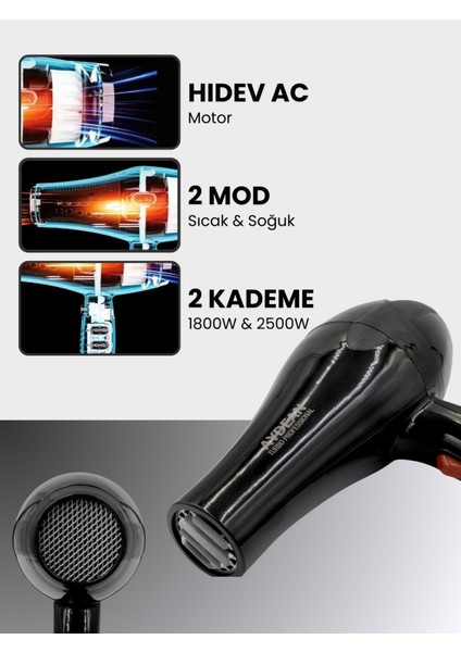3500W Profesyonel Fön Makinesi, Almanya Yapımı, Şık Siyah Tasarım
