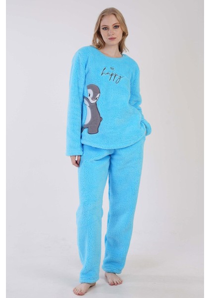 Kadın Turkuaz Renk Welsoft Kumaş Bisiklet Yaka Uzun Kollu Pijama Takımı C6T5N0603