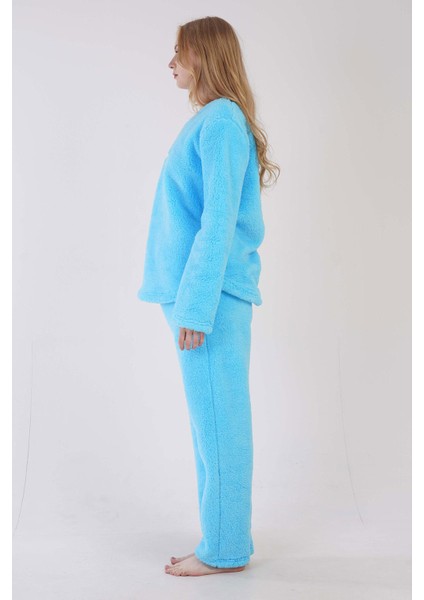 Kadın Turkuaz Renk Welsoft Kumaş Bisiklet Yaka Uzun Kollu Pijama Takımı C6T5N0603 modelleri