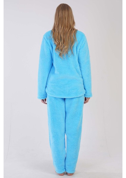 Kadın Turkuaz Renk Welsoft Kumaş Bisiklet Yaka Uzun Kollu Pijama Takımı C6T5N0603 fırsatları