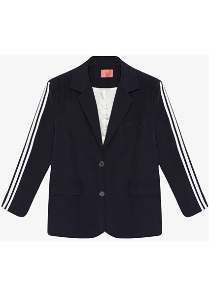 Nakışlı Sırt Lastikli Kolları Şeritli Ceket Lacivert