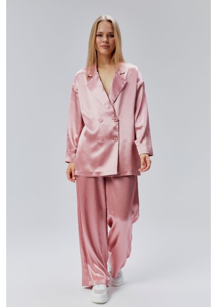 Pembe Oversize Saten Takım