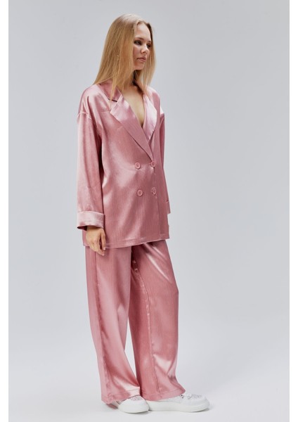 Pembe Oversize Saten Takım