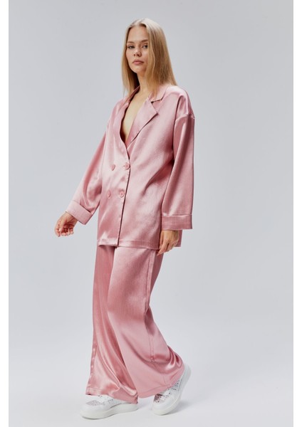 Pembe Oversize Saten Takım