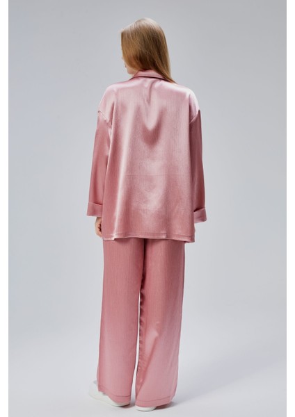 Pembe Oversize Saten Takım