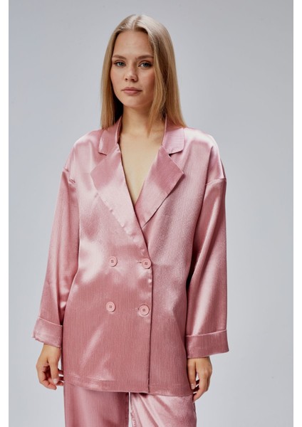 Pembe Oversize Saten Takım