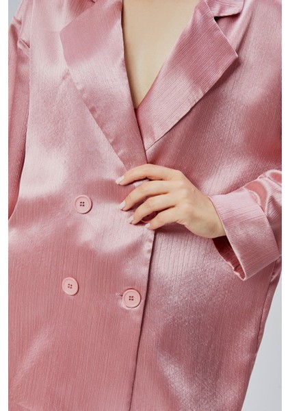 Pembe Oversize Saten Takım