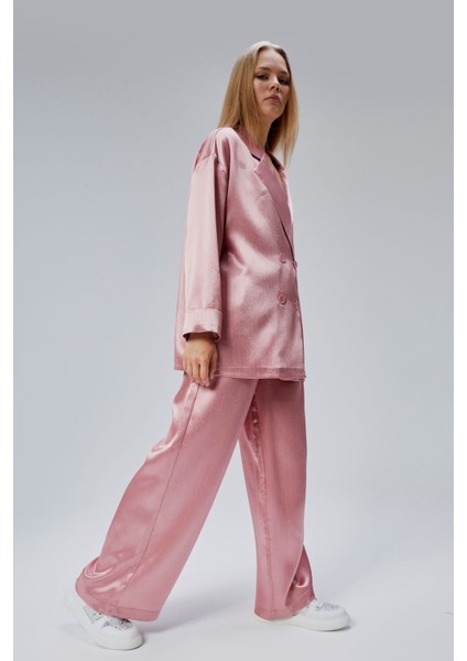 Pembe Oversize Saten Takım