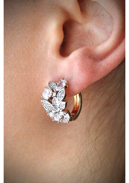 Vıp Çelik Taş Işlemeli Yaprak Detaylı Halka Küpe