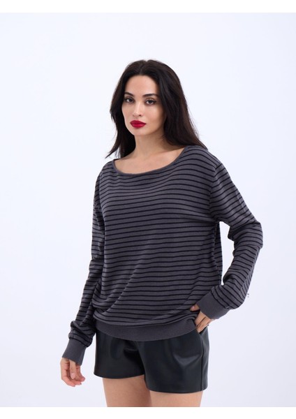 4215 Triko Çizgili Salaş Kazak-Antrasit-Siyah